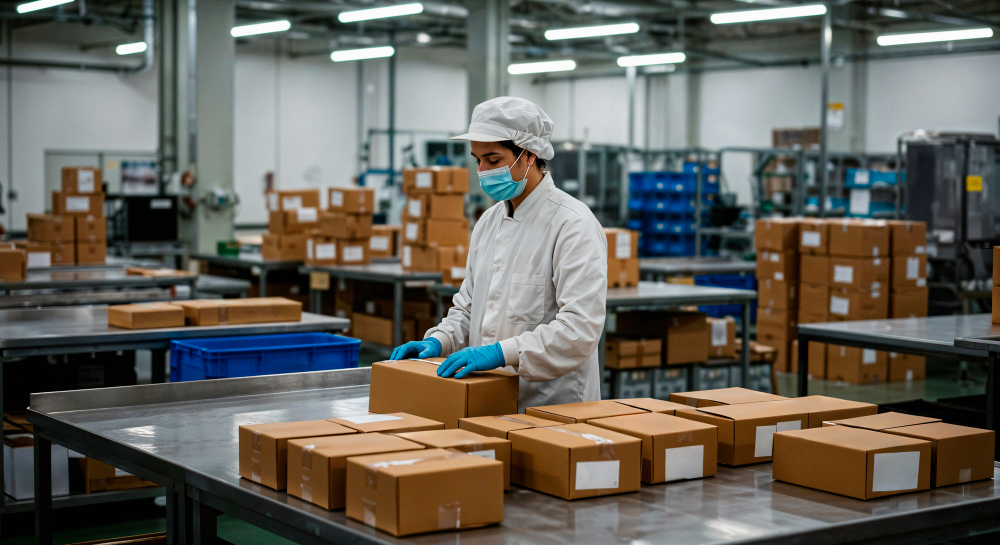Warehouse worker packing boxes in a distribution facility.