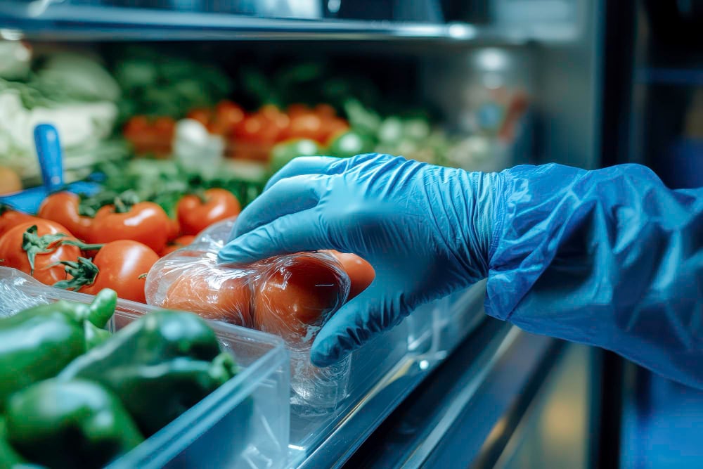 Gloved hand selecting a packaged tomato in a grocery produce section.