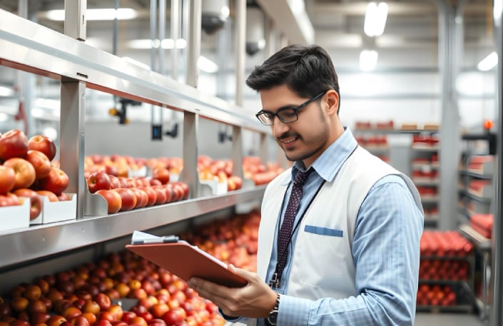 Man inspecting apples in a grocery produce aisle with a clipboard.