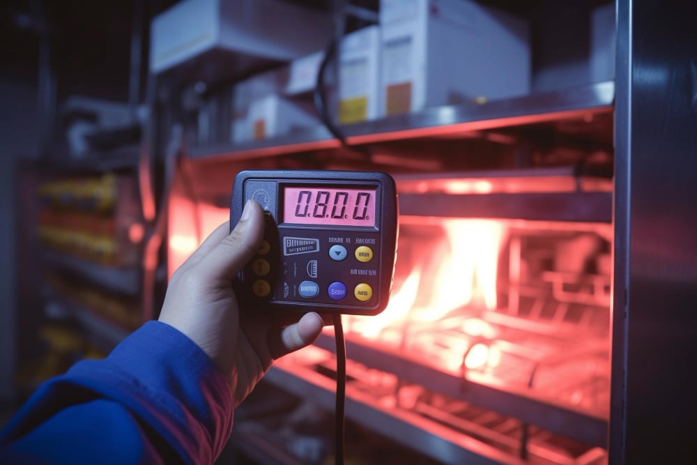 Hand holding digital thermometer near glowing industrial oven.